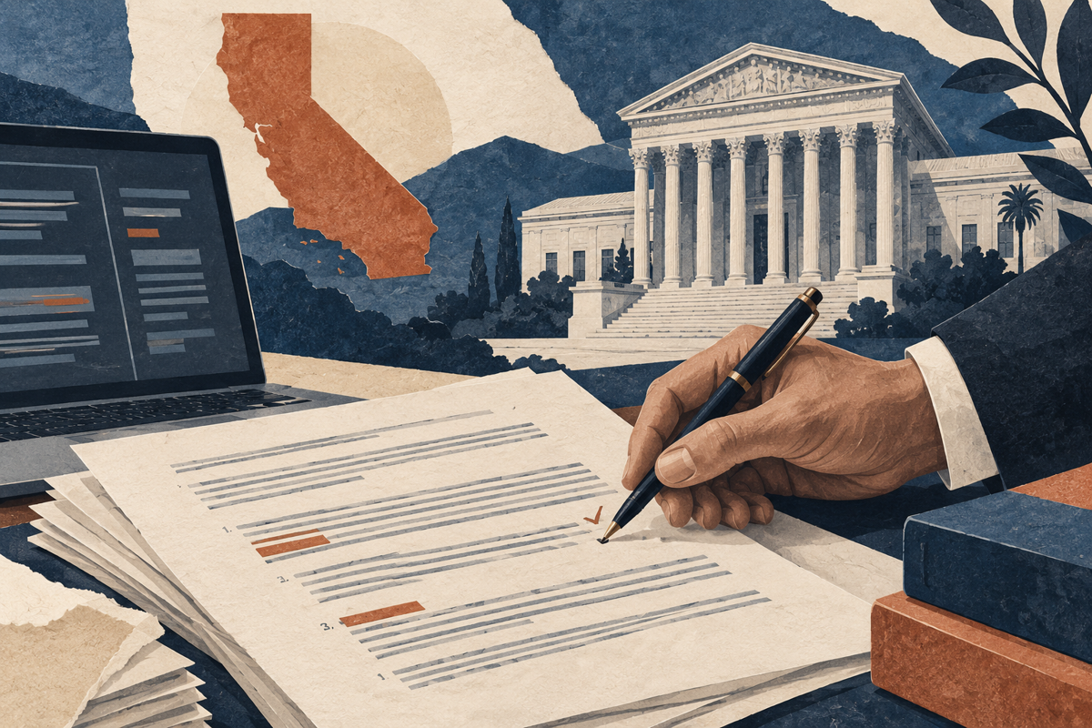 Illustration : une main vérifie des références juridiques devant un ordinateur et un tribunal stylisé en Californie.