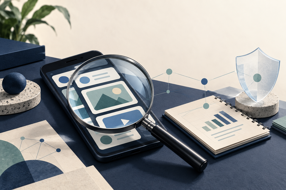 Illustration de synthèse : une loupe examine un fil de contenus sur un téléphone, relié à un carnet de recherche et à un bouclier.