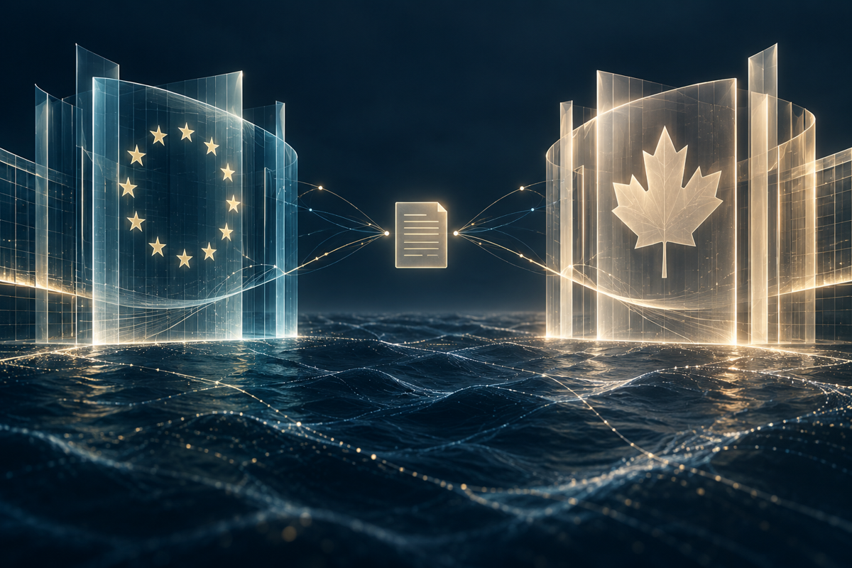 Illustratie van de digitale dialoog tussen de Europese Unie en Canada, verbonden door een document.